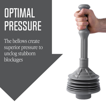 Grey bellows accordion toilet plunger from Utility-Sink.com with a durable rubber cup and accordion-style handle for effective clog removal.
