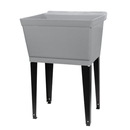 Grey freestanding Tehila Standard utility sink with black legs, no supply lines visible, ideal for laundry or utility rooms.