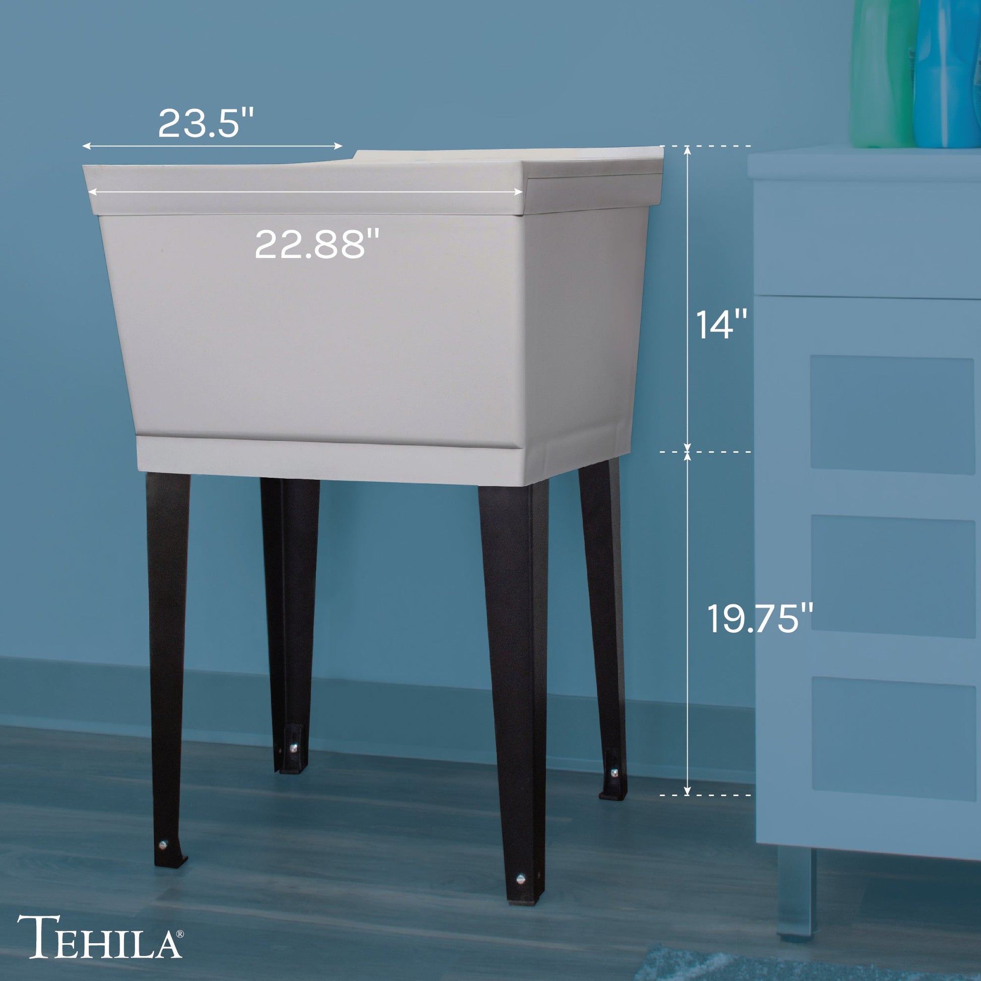 Grey Tehila Standard freestanding utility sink with black legs, no supply lines visible, ideal for laundry or utility room use.