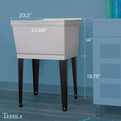 Grey Tehila Standard freestanding utility sink with black legs, no supply lines visible, ideal for laundry or utility room use.
