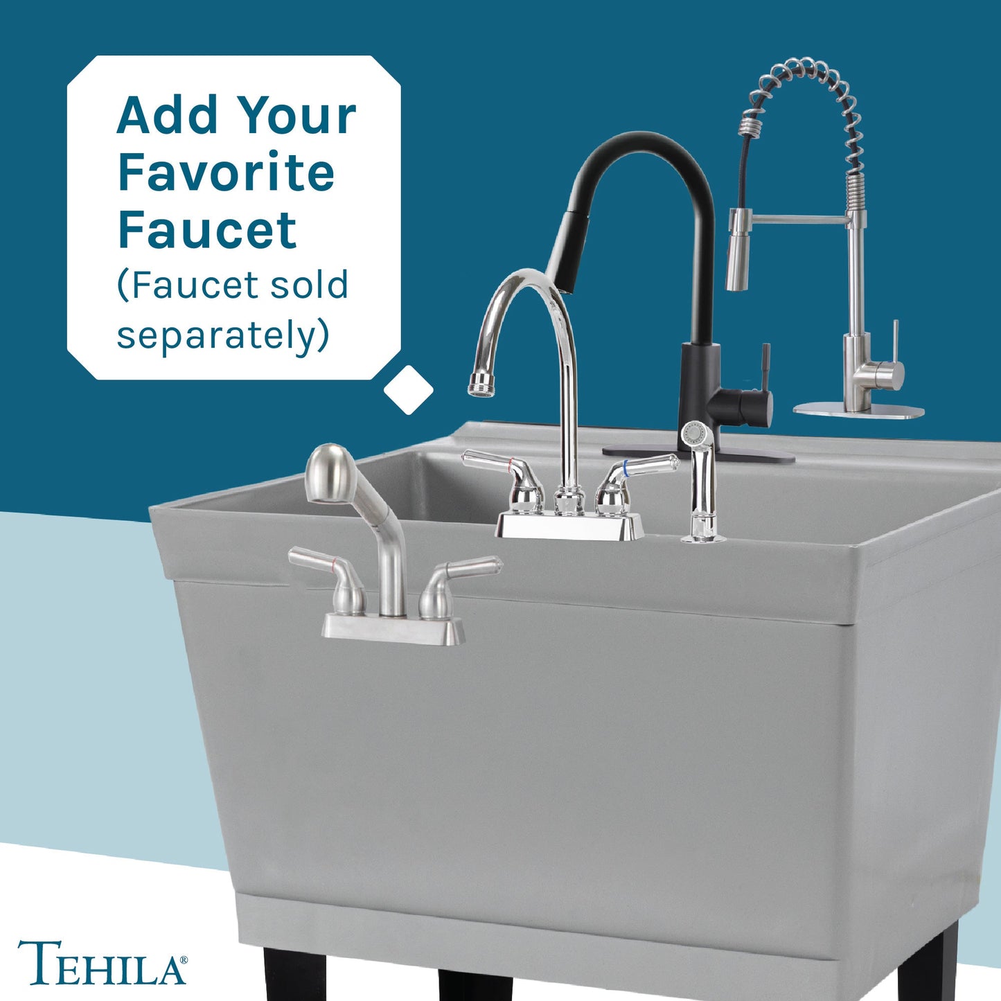 Tehila Standard freestanding grey utility sink with black legs, no supply lines, shown in a clean, modern laundry or utility room setting.