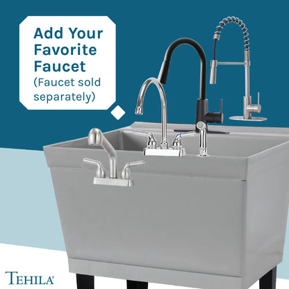 Tehila Standard freestanding grey utility sink with black legs, no supply lines, shown in a clean, modern laundry or utility room setting.