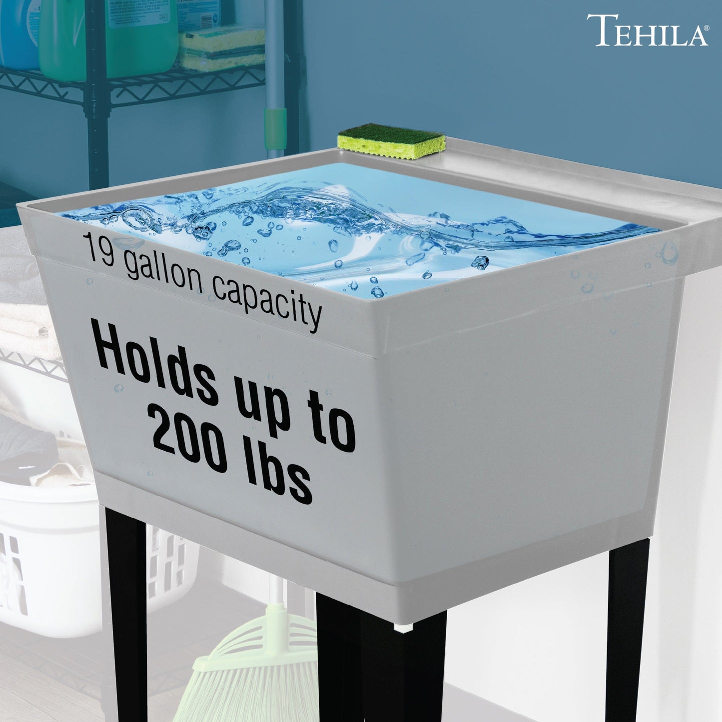 Grey Tehila Standard freestanding utility sink with black legs, no supply lines, shown with a spacious basin and sturdy frame.