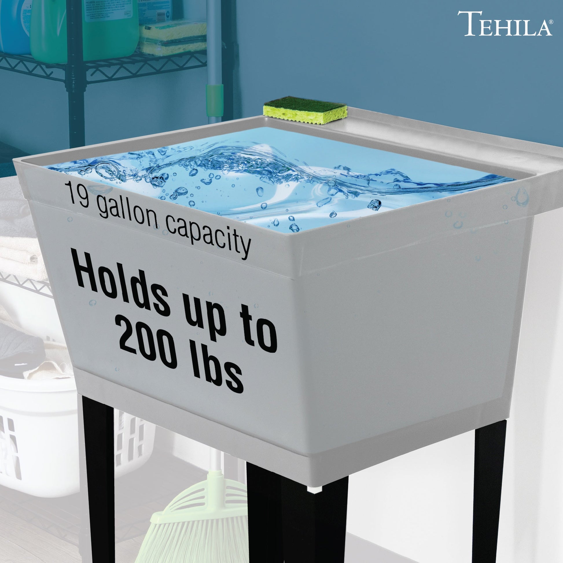 Grey Tehila Standard freestanding utility sink with black legs, no supply lines, shown with a spacious basin and sturdy frame.