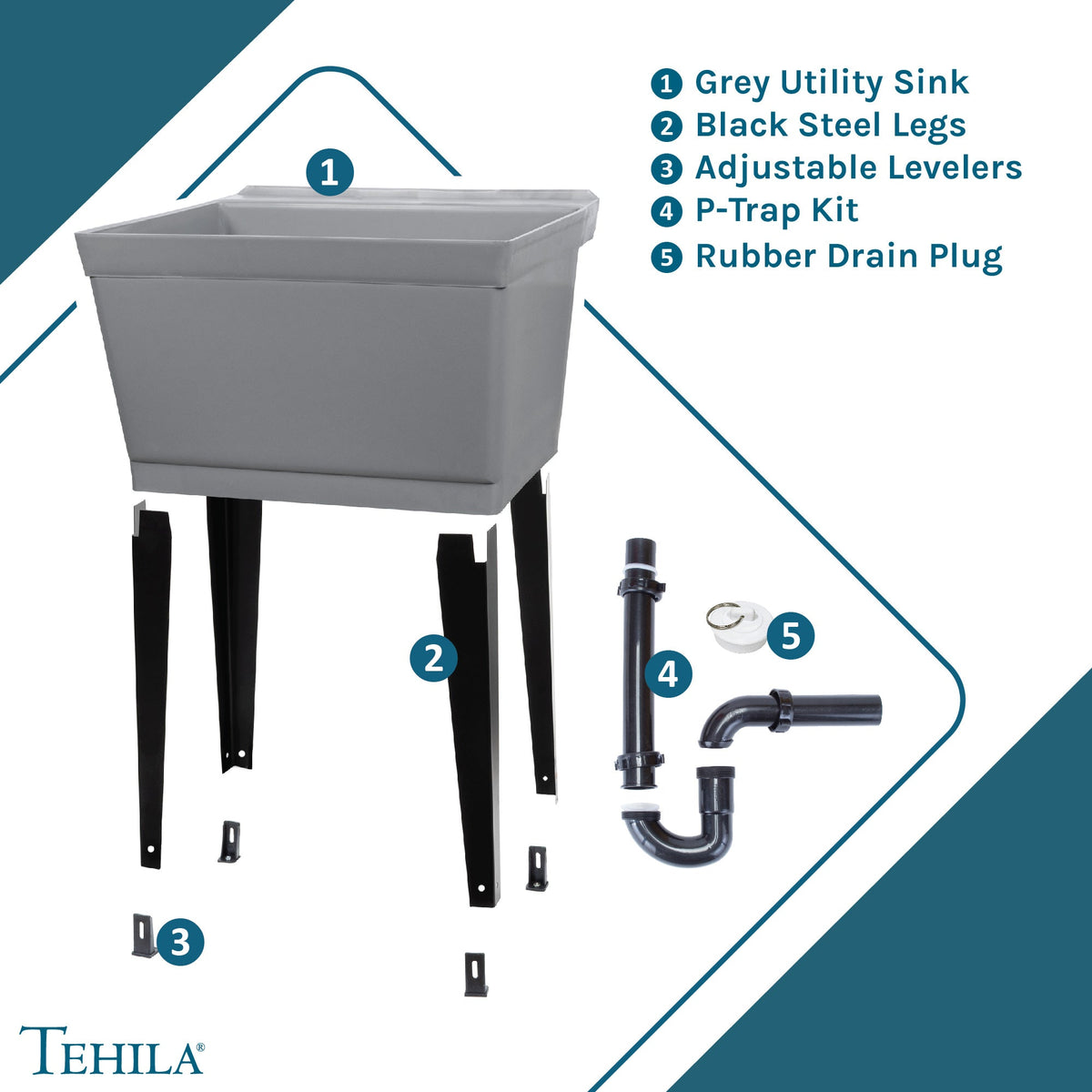 Tehila Standard freestanding grey utility sink with black legs, no supply lines, suitable for laundry or utility rooms.