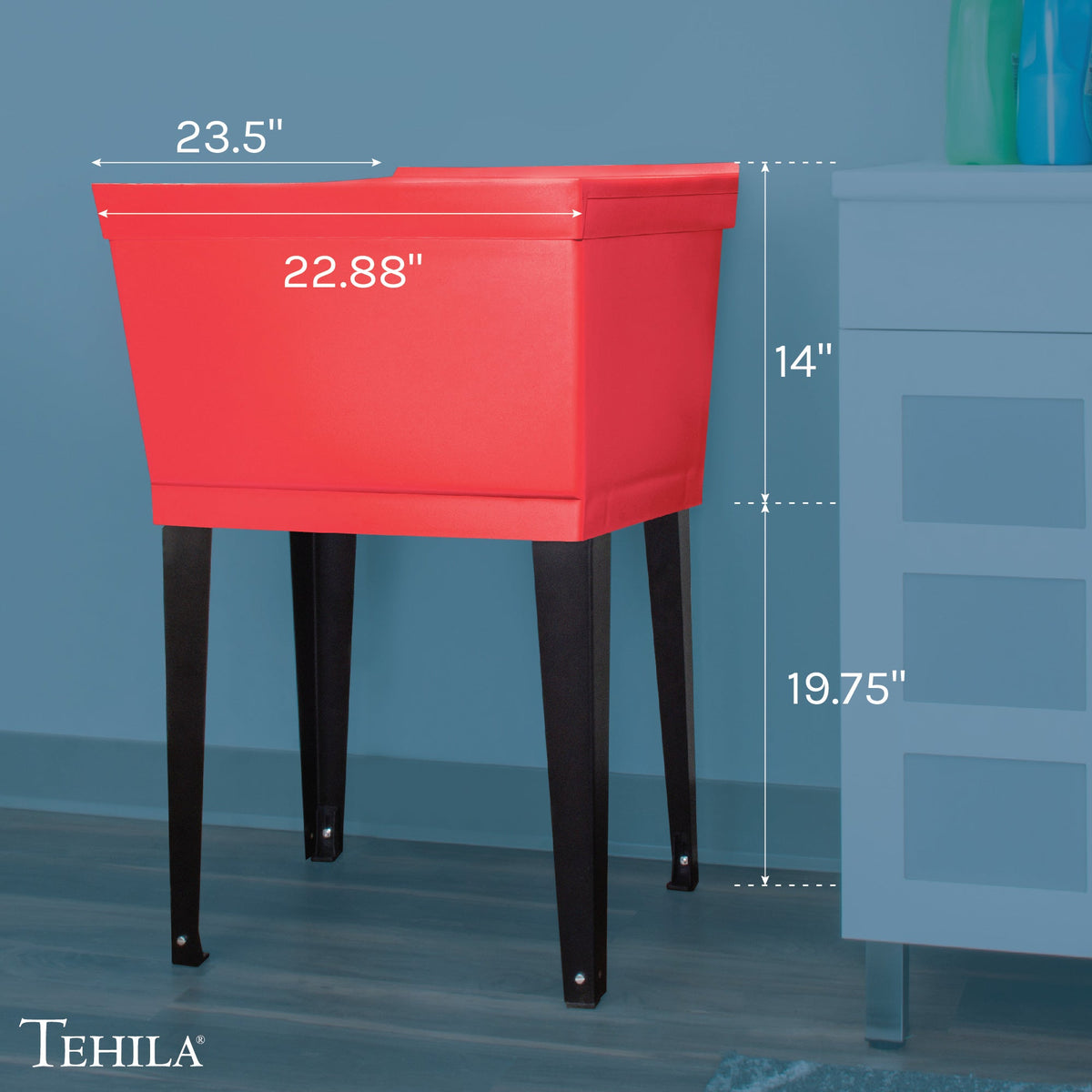 Tehila Standard freestanding red utility sink with black legs, no supply lines, ideal for laundry or utility room use.