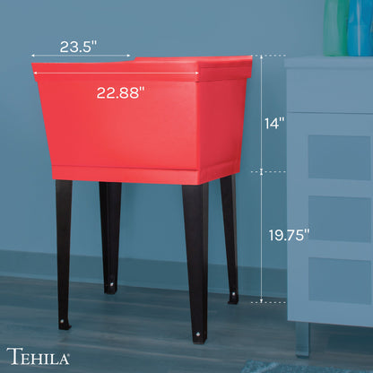 Tehila Standard freestanding red utility sink with black legs, no supply lines, ideal for laundry or utility room use.