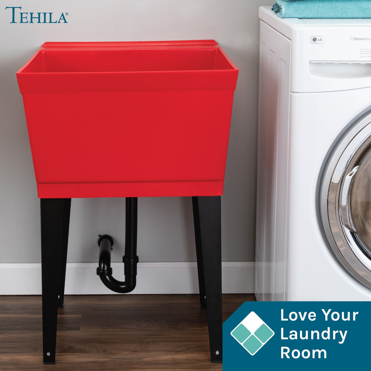 Tehila Standard freestanding red utility sink with black legs, no supply lines, designed for utility and laundry rooms.