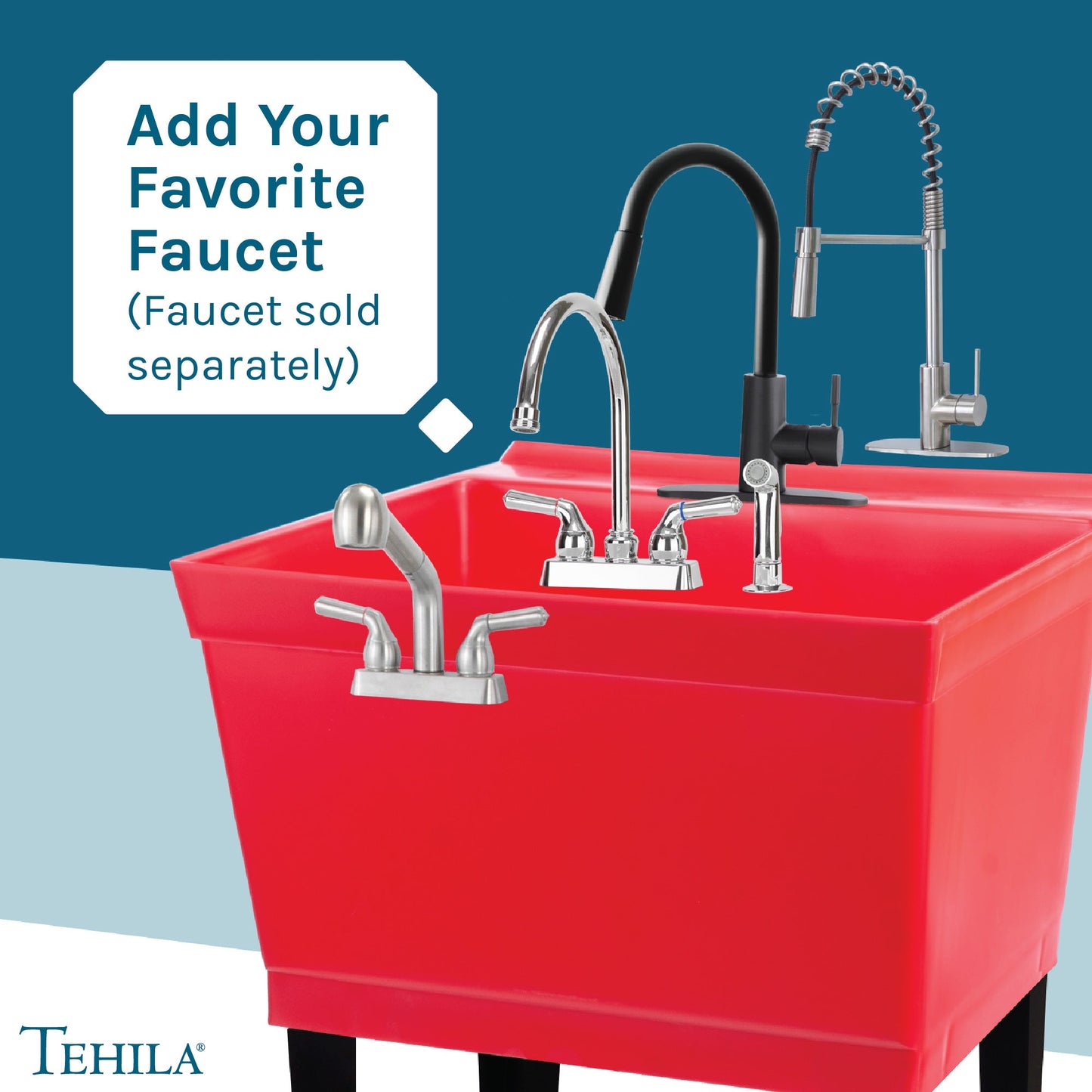Tehila Standard freestanding red utility sink with black legs, no supply lines, designed for durable utility room installation.