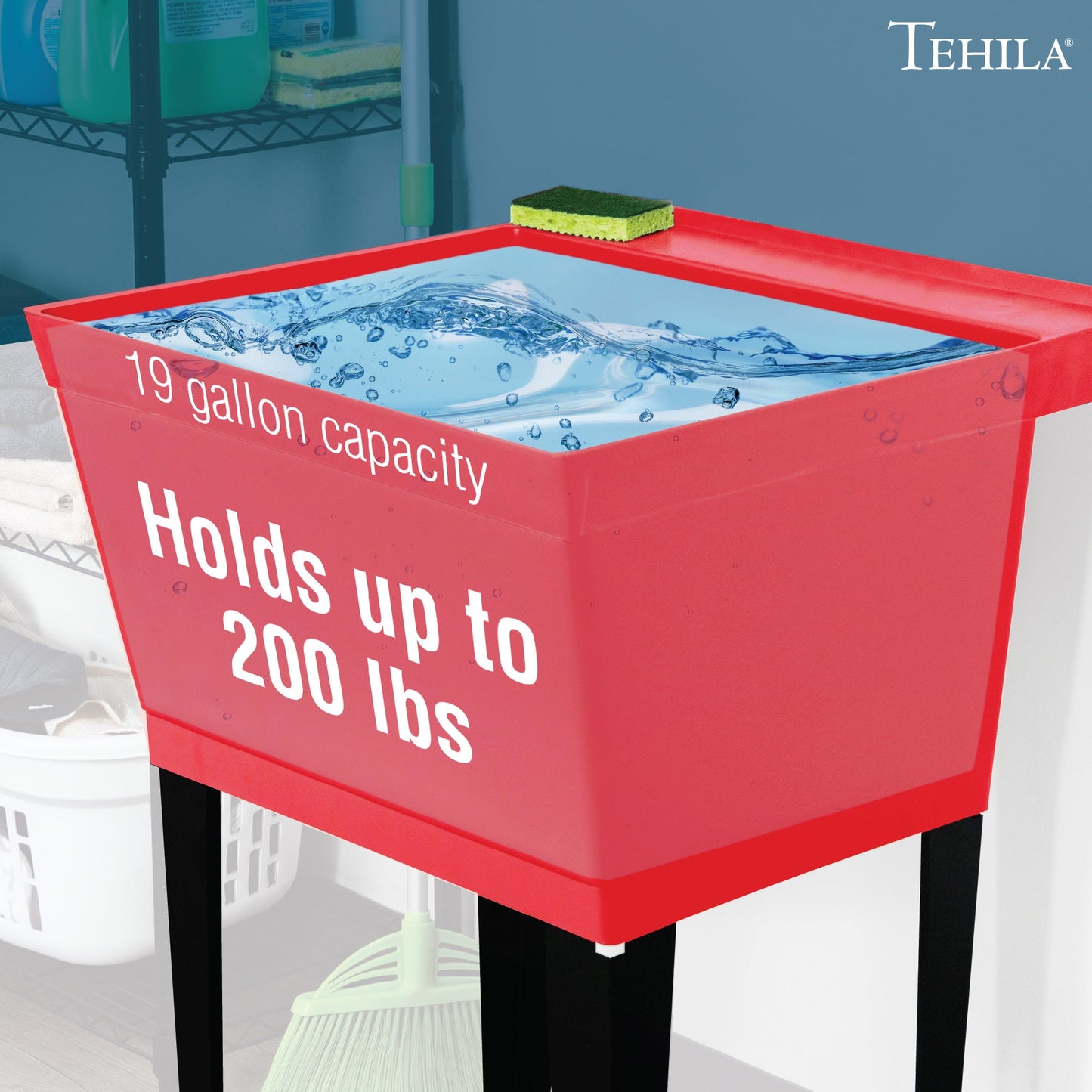 Tehila Standard freestanding red utility sink with black legs, no supply lines, suitable for laundry or utility rooms.