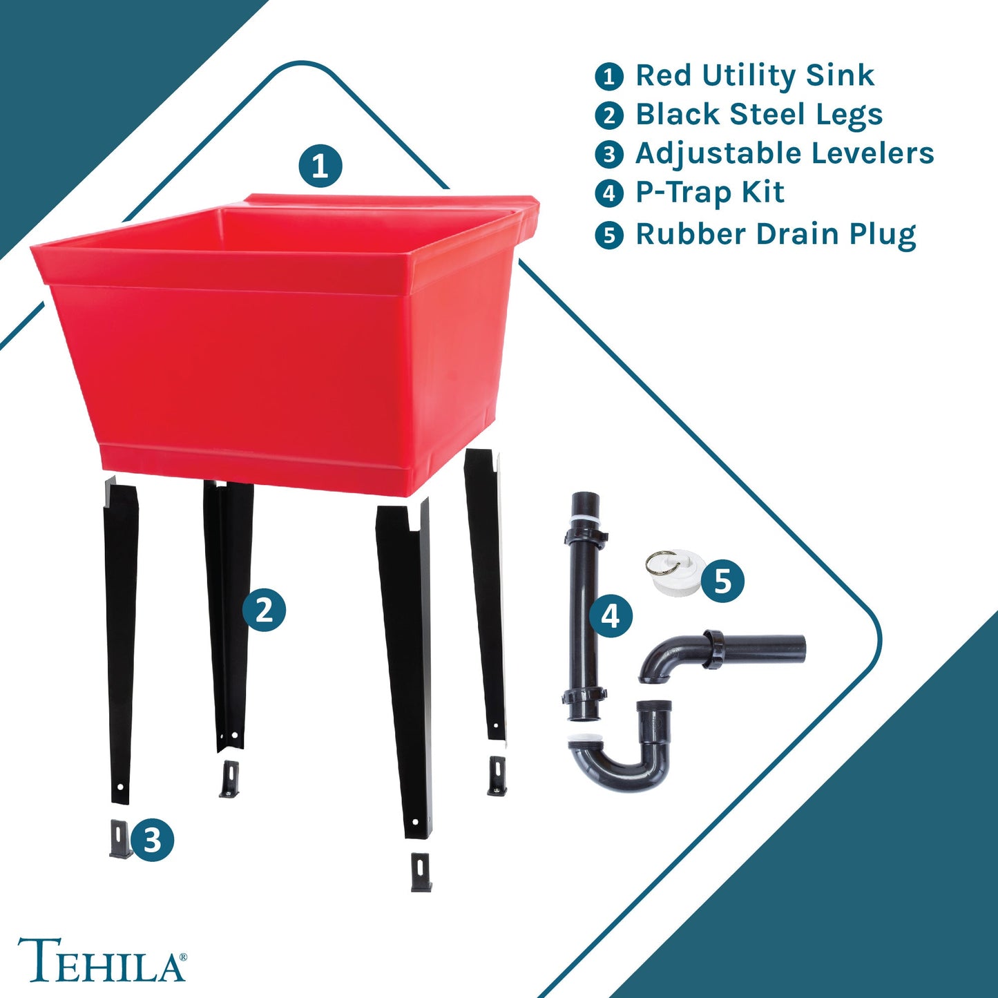 Red Tehila Standard freestanding utility sink with black legs, no supply lines, showcasing a durable, functional design for utility use.