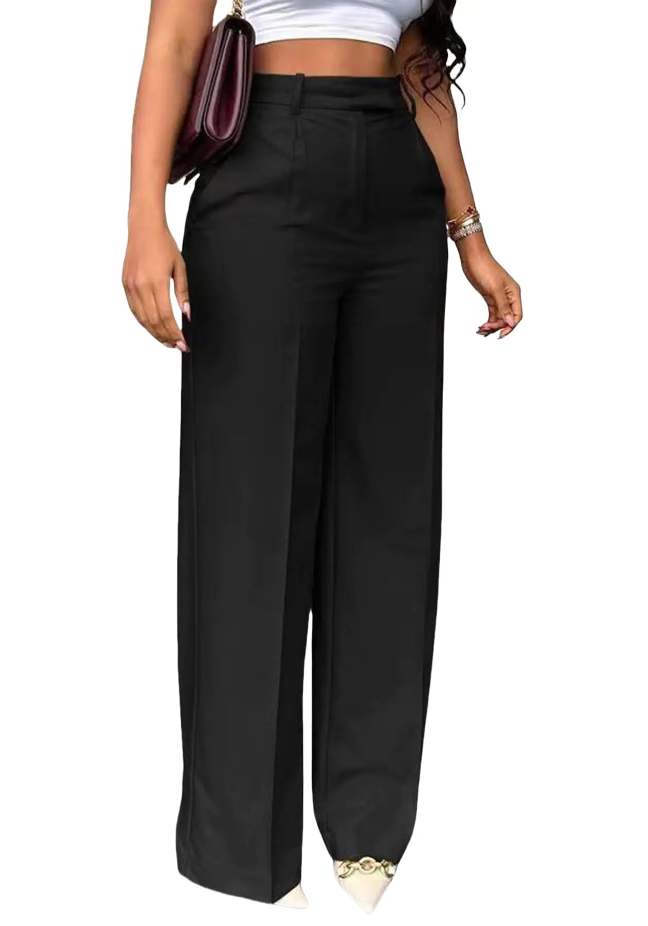 Unybwonn Women High Waist Dress Pants Straight Wide Leg Business Work Office Trousers Loose Casual Black