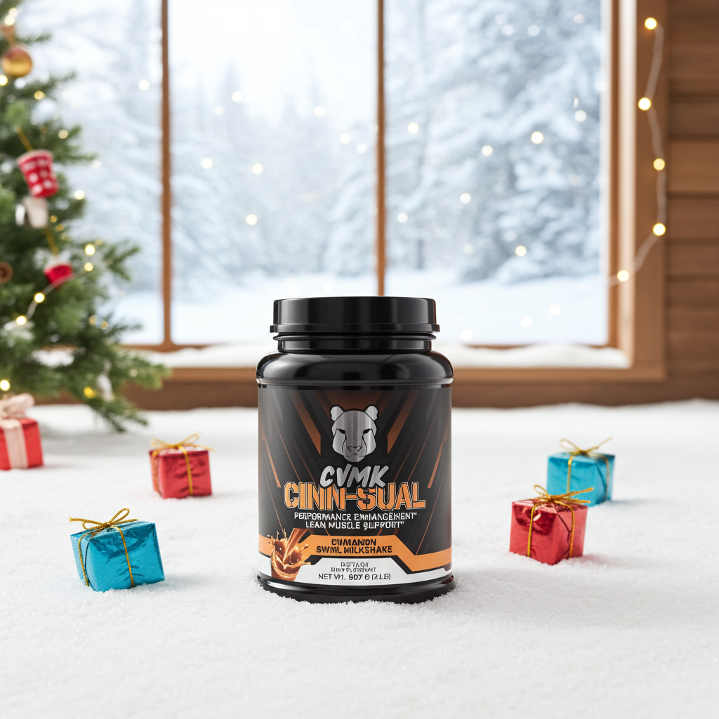 CINN-SUAL Protein by CVMK GLOBAL, a premium protein supplement, shown in a sleek container with a label featuring cinnamon flavor imagery.