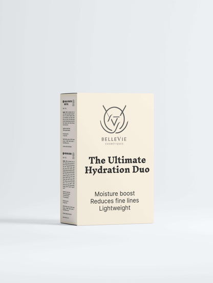 BelleVie Cosmétiques Deep Moisture Duo with hydrating serum and boost gel skincare set, featuring smooth, moisturizing texture.