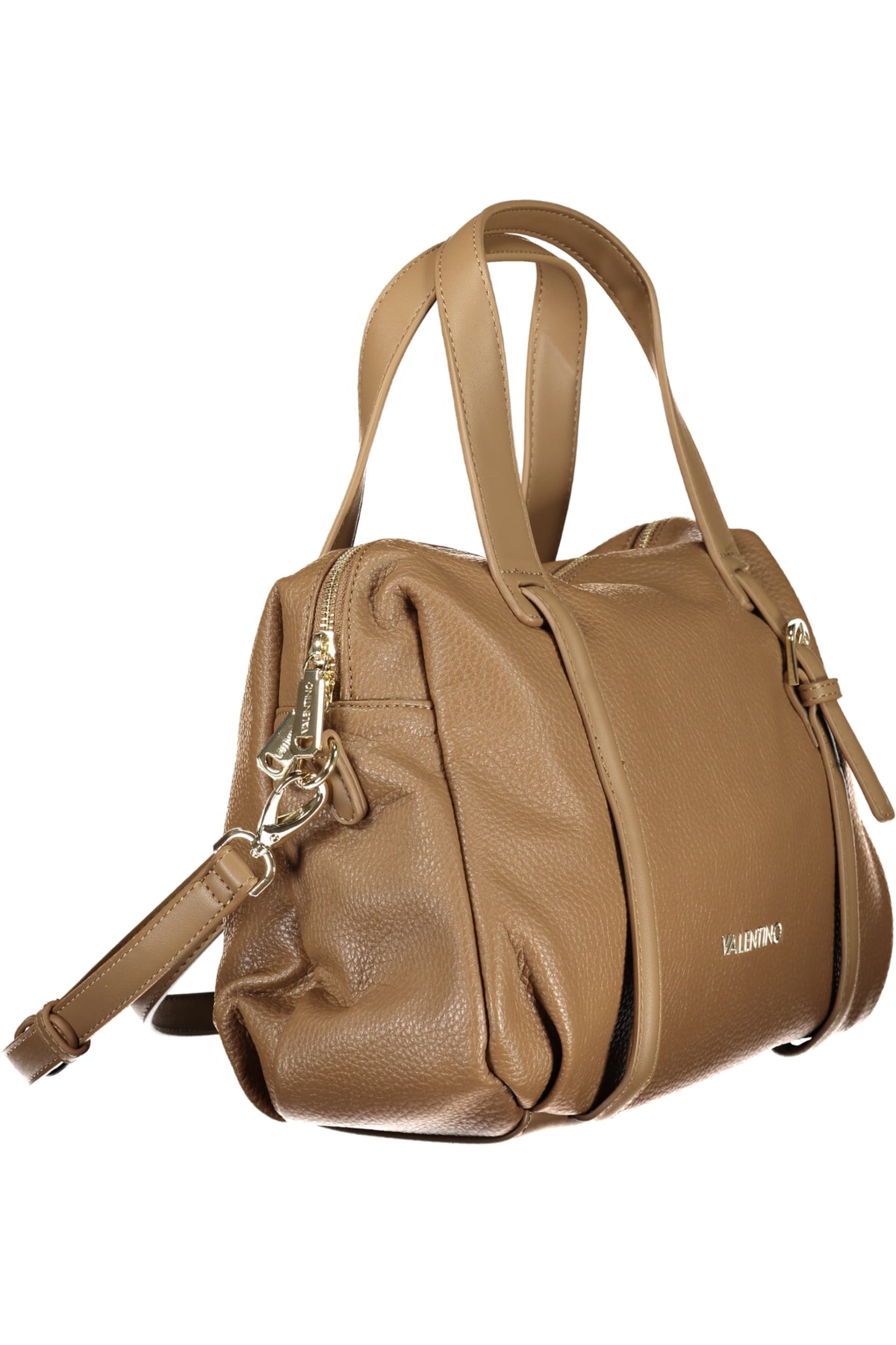 Valentino women's brown leather bag with gold-tone hardware, showcasing a stylish tote design and elegant stitching details.