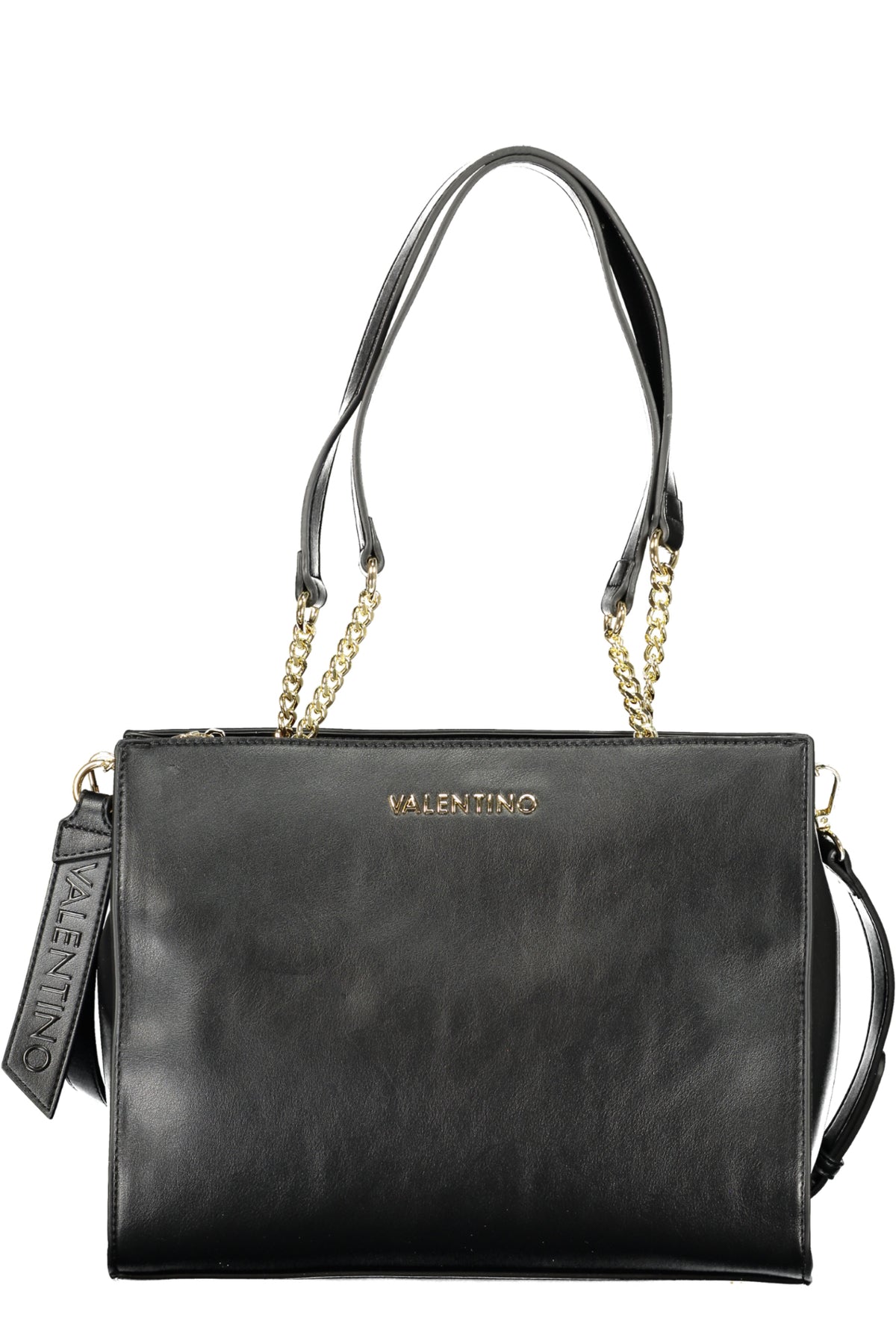 Black Valentino women's bag with sleek leather design and elegant hardware, shown with top handle and spacious interior.