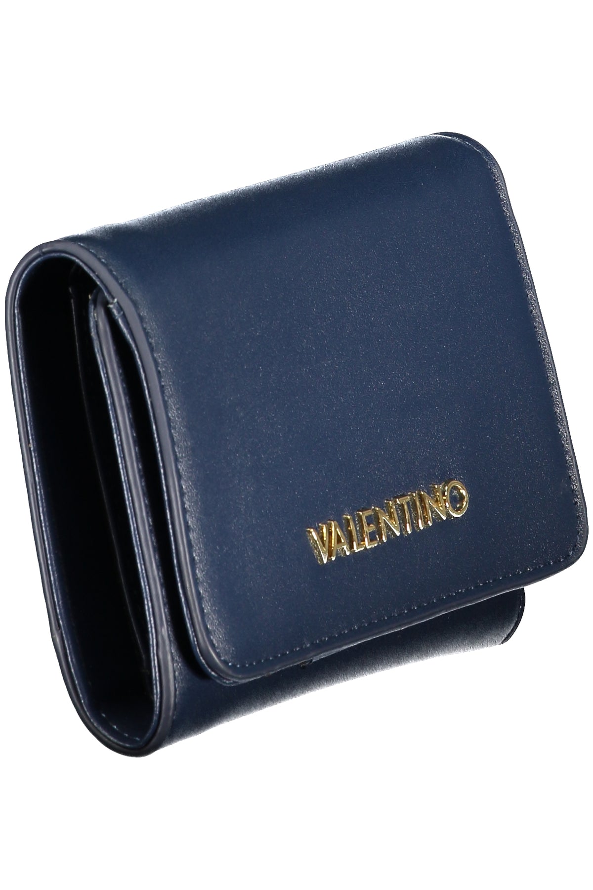 Valentino women's blue leather wallet with gold accents, compact portafogli design, featuring multiple card slots and a sleek finish.