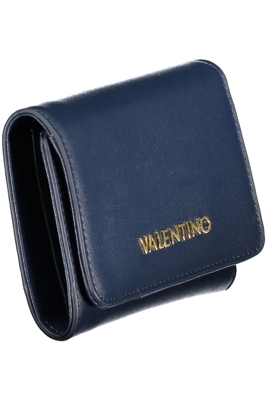 Valentino women's blue leather wallet with gold accents, compact portafogli design, featuring multiple card slots and a sleek finish.