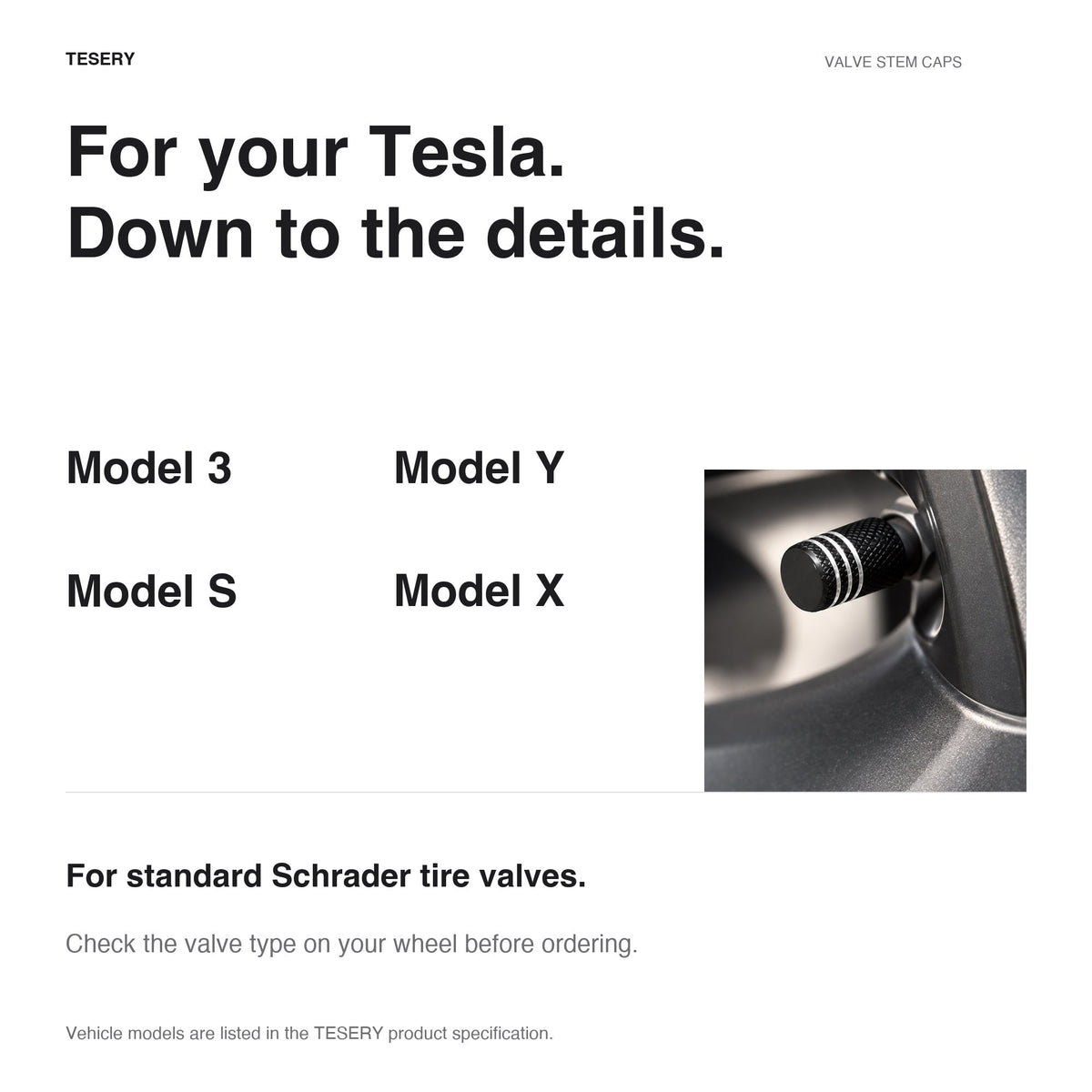 Set of four Tesla wheel valve stem caps from Tesery, compatible with Tesla Model 3, Y, S, X 2017 and newer.