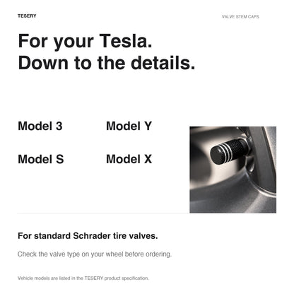 Set of four Tesla wheel valve stem caps from Tesery, compatible with Tesla Model 3, Y, S, X 2017 and newer.