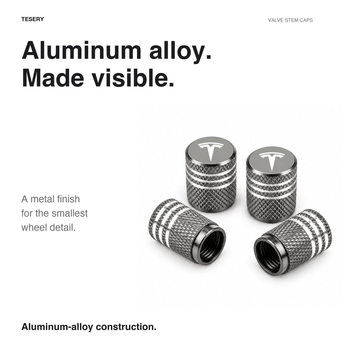 Tesla wheel valve stem caps 4-pack, compatible with Tesla Model 3, Y, S, X 2017 and newer, durable wheel accessories.