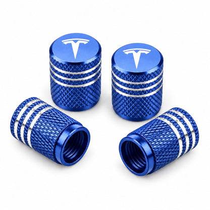 Set of four Tesla wheel valve stem caps compatible with Tesla Model 3, Y, S, X from 2017 onward, by Tesery Official Store.