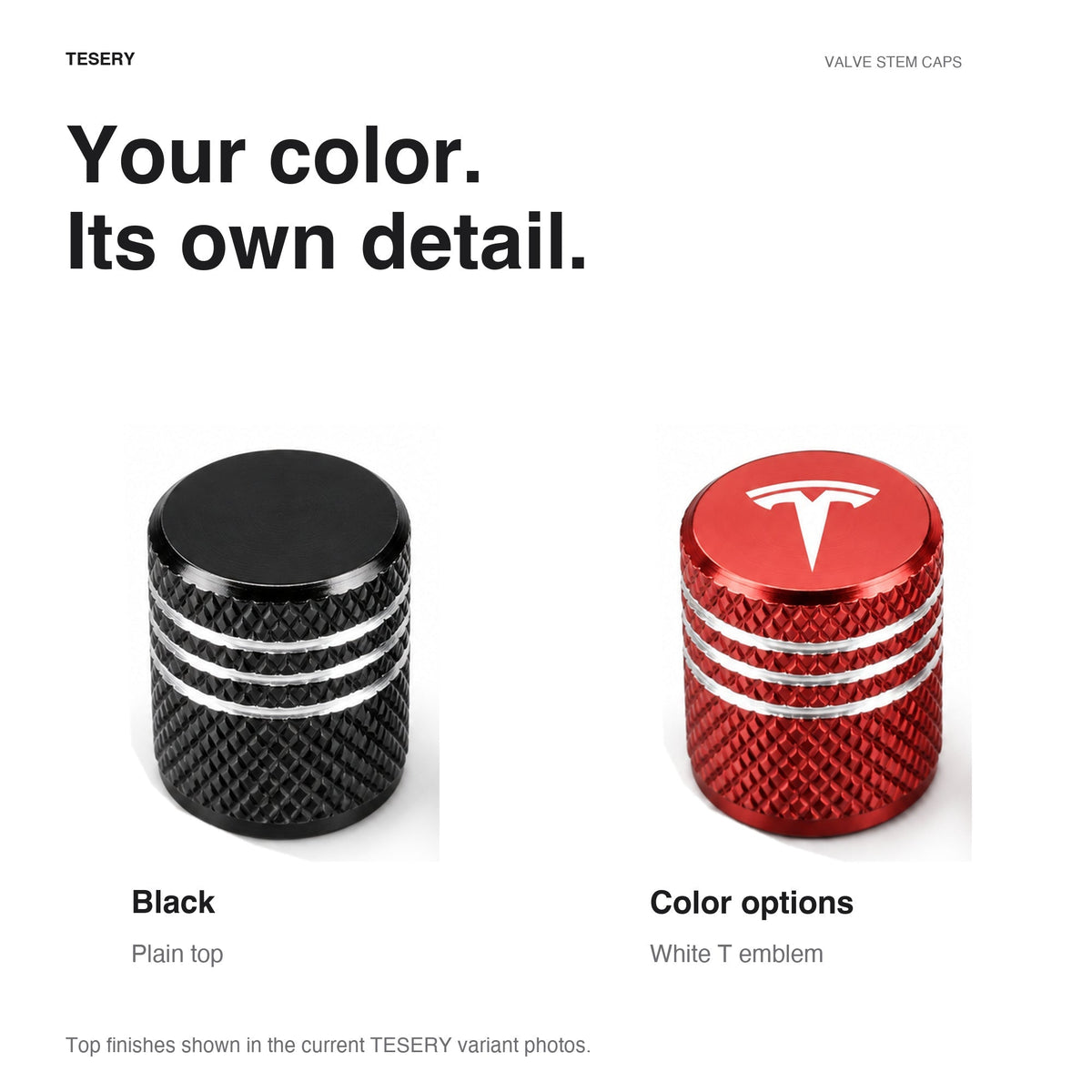 Tesla valve stem caps 4-pack, wheel accessories compatible with Tesla Model 3, Y, S, X 2017 and newer, black finish.
