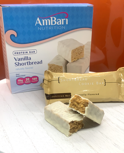 AmBari Nutrition vanilla shortbread bars showing golden-brown, rectangular cookies with vanilla flavor and crumbly texture.