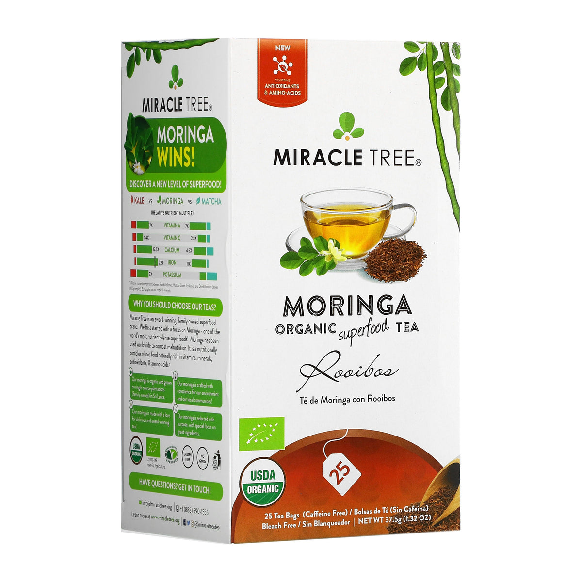 Organic Moringa Tea with Rooibos from Miracle Tree, caffeine-free herbal tea in a clear glass cup with tea leaves.