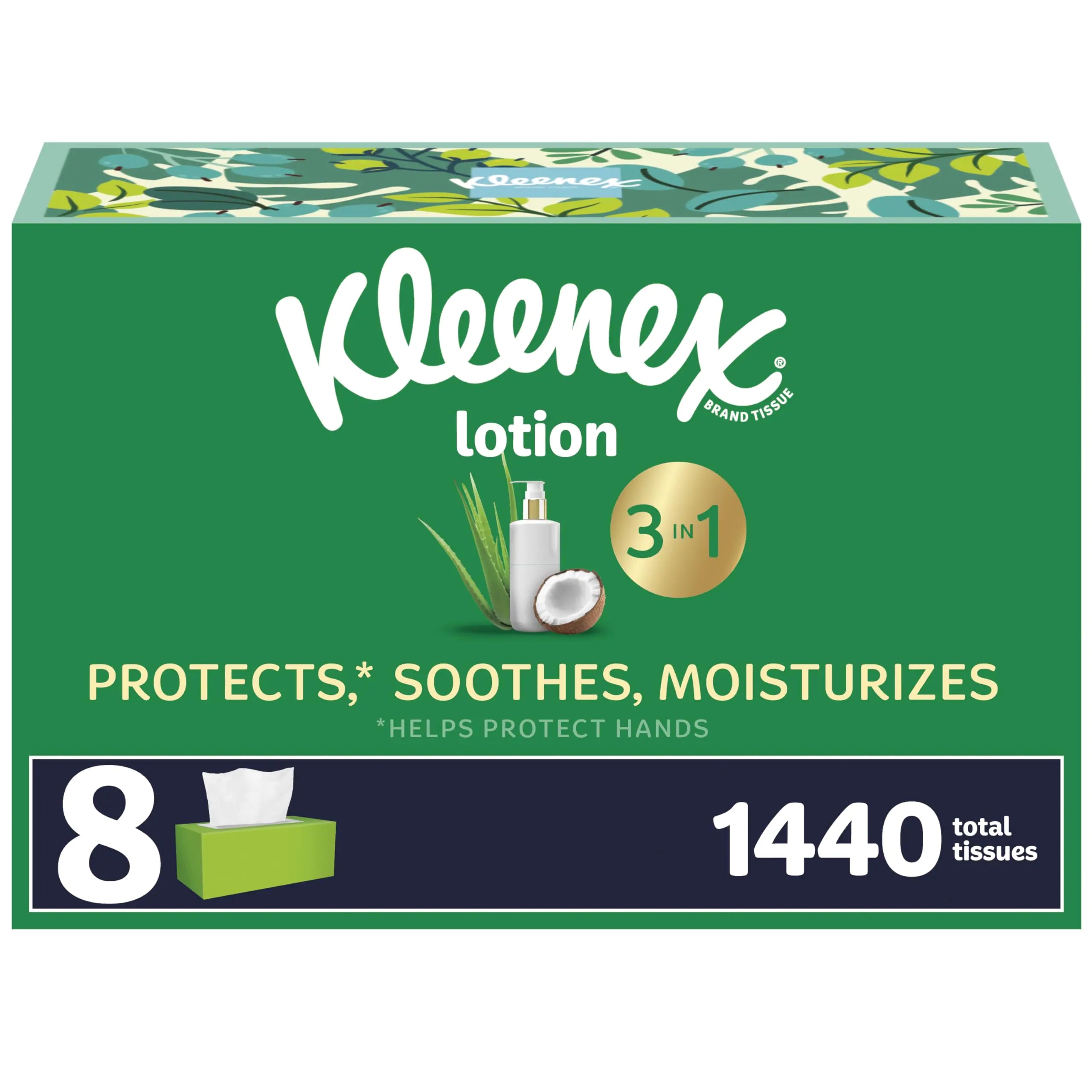 Kleenex Lotion Facial Tissues with Coconut Oil 8 Flat Boxes 180 Tissues Per Box 3-Ply