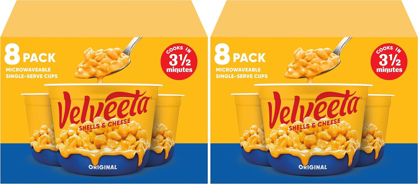 Velveeta Shells and Cheese mac and cheese cups with creamy cheese sauce, 8-pack for easy snacks or dinner sides, original flavor