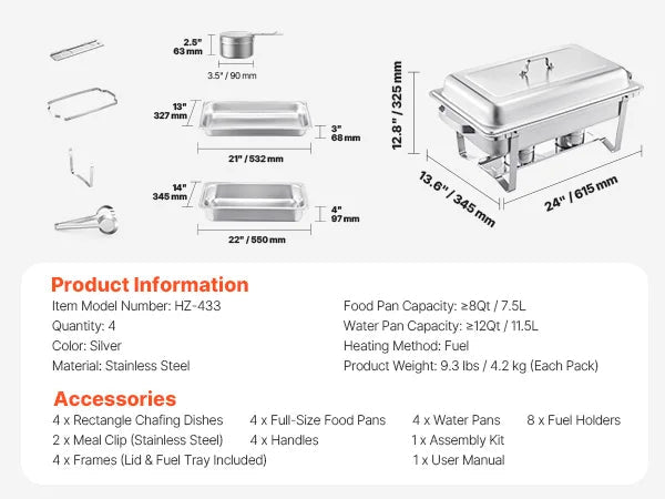 VEVOR 8 Qt 4/6 Pack Chafing Dish Buffet Set Stainless Steel Chafer Rectangle Catering Warmer Server with Lid Water Pan for party - BACKUPMYFILESNOW
