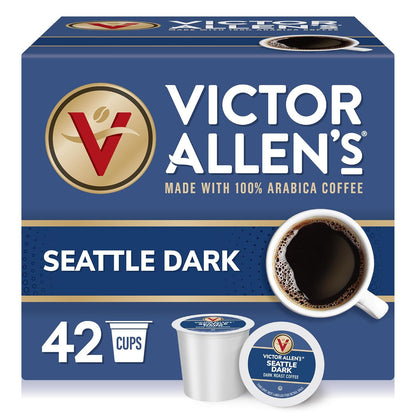 Victor Allen's Coffee Seattle Dark Roast single-serve K-Cup pods for Keurig brewers, 80-count pack, rich and bold coffee flavor.