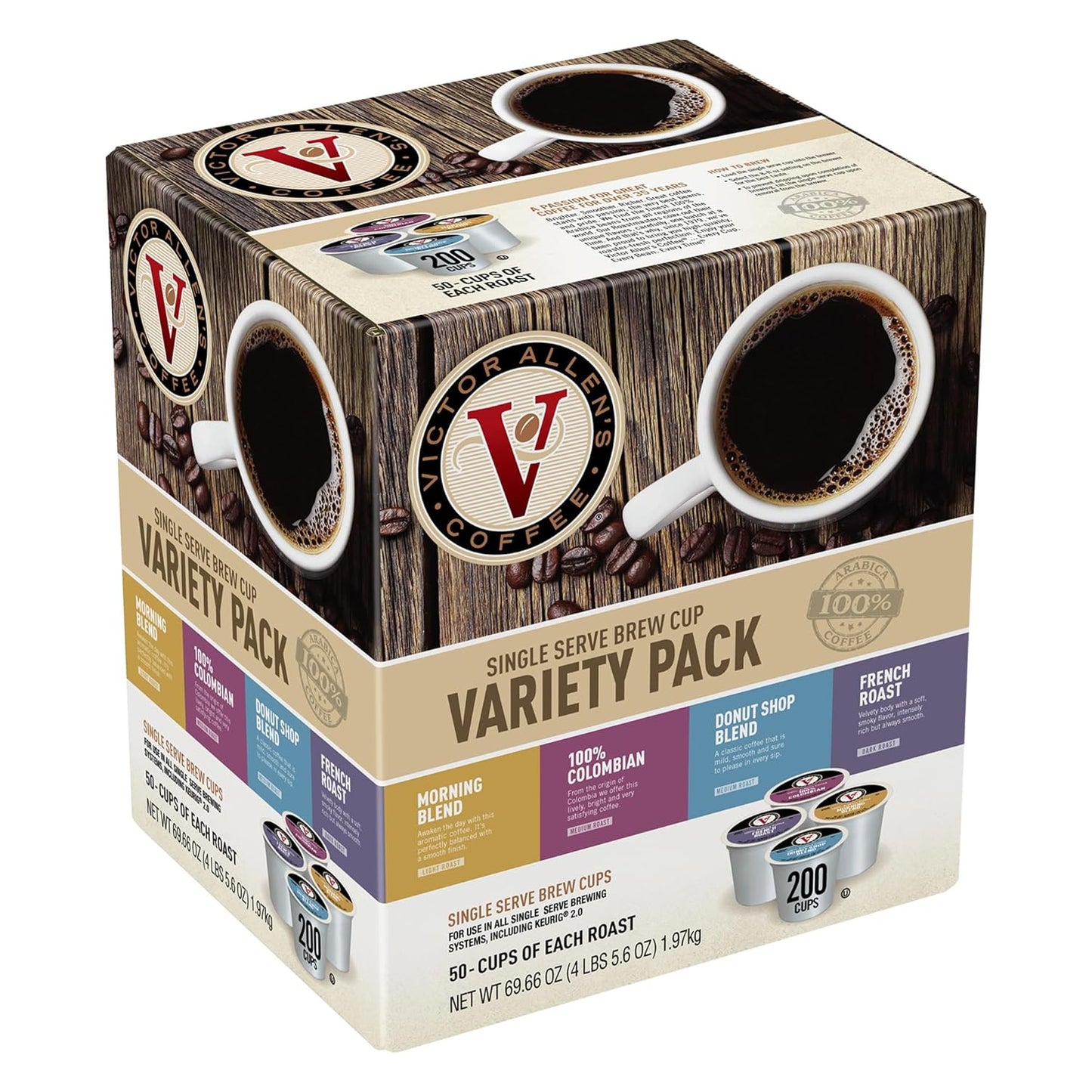 Victor Allen's Coffee Seattle Dark Roast single-serve K-Cup pods for Keurig brewers, 80-count pack with rich, bold coffee flavor.