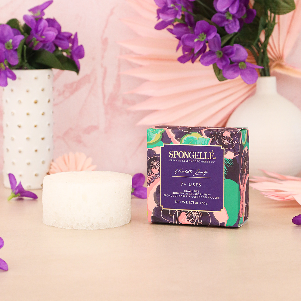 Spongellé Violet Leaf Spongette body wash-infused buffer with violet leaf design, perfect for exfoliating and cleansing skin.