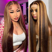 Vipvyong Honey Blonde Wig Human Hair Straight Highlight Lace Front Wig Human Hair 180 Density Ombre Lace Front Wig Human Hair Pre Plucked Bleached Knots Transparent Frontal Wigs Human Hair(18inch) - BACKUPMYFILESNOW