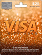 Visa physical gift card displaying a $25 denomination with branding and secure card design.