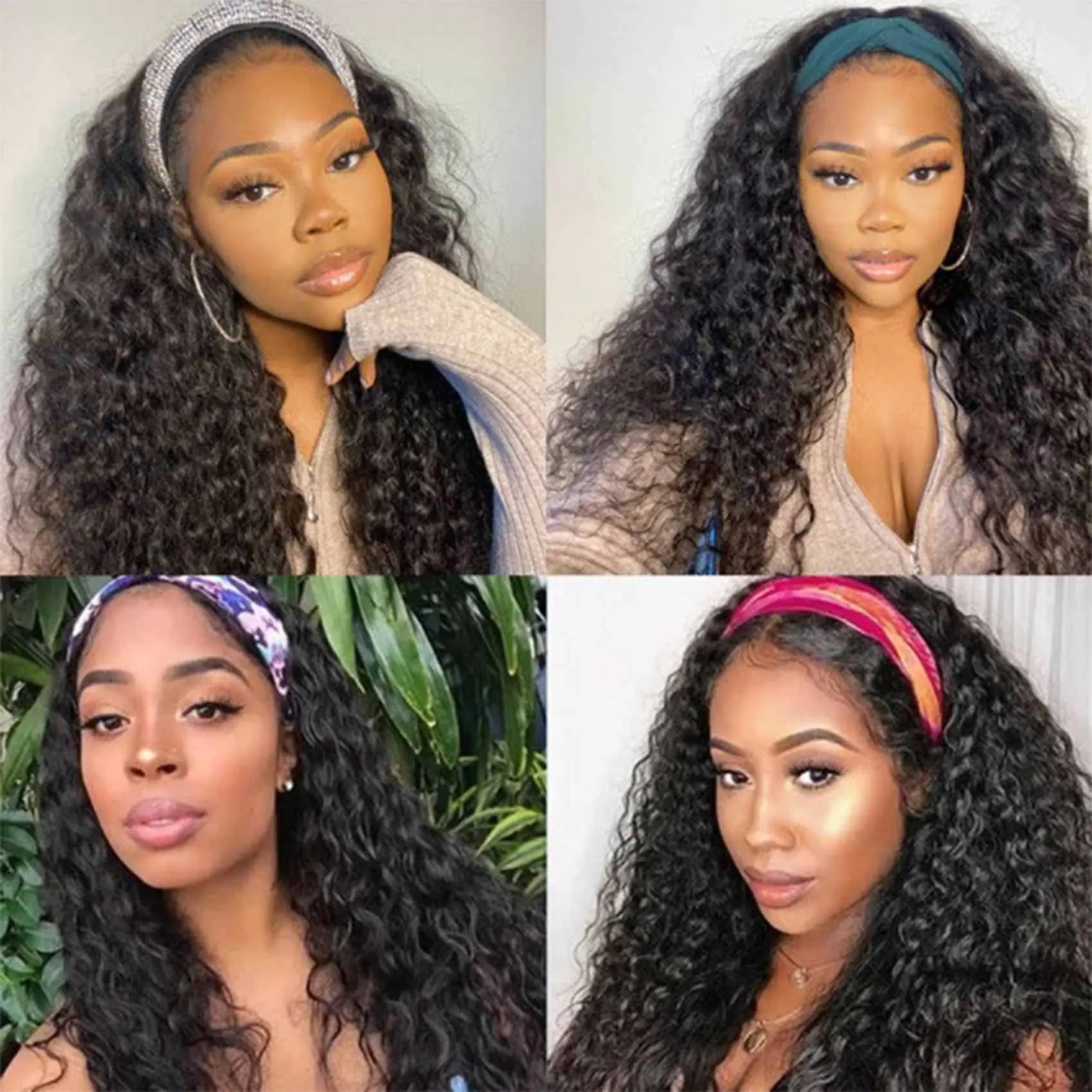 VIVIBABI Water Wave Headband Wigs for Black Women Real Human Hair None Lace Front Wigs Machine Made Wigs Glueless Brazilian Virgin Curly 22 Inch.