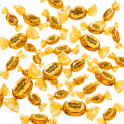 Werther's Original caramel hard candies in a bulk value bag, showcasing golden, individually wrapped candies from Candy In Bulk.