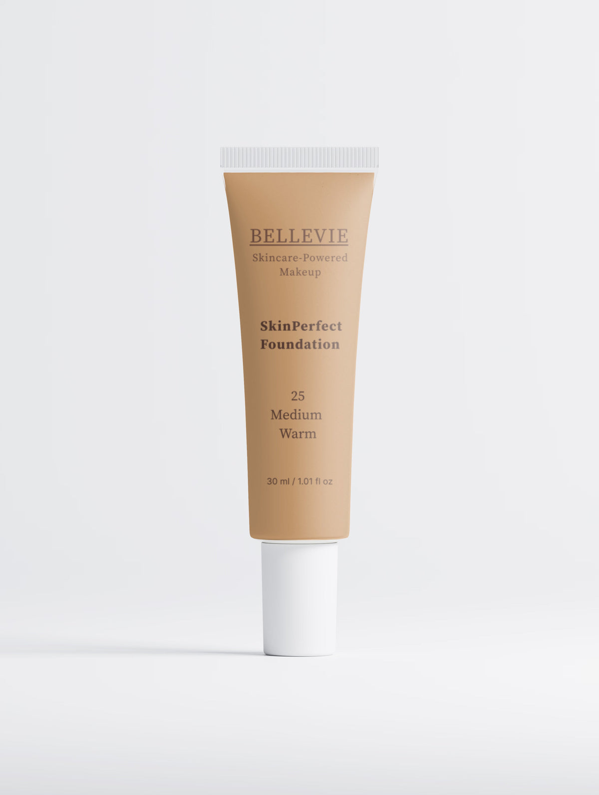 Peptide Skin-Perfecting Foundation in 25 Medium Warm with golden undertone, suitable for medium skin tones, by BelleVie Cosmétiques