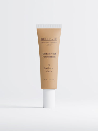 Peptide Skin-Perfecting Foundation in 25 Medium Warm with golden undertone, suitable for medium skin tones, by BelleVie Cosmétiques
