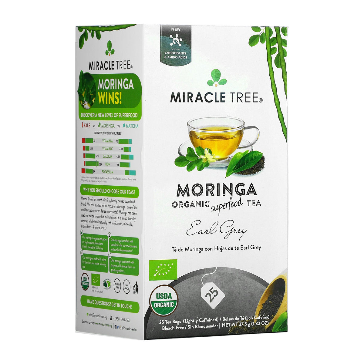 Organic Moringa Earl Grey herbal tea by Miracle Tree, featuring dried tea leaves and Moringa herbs in a clear glass cup.