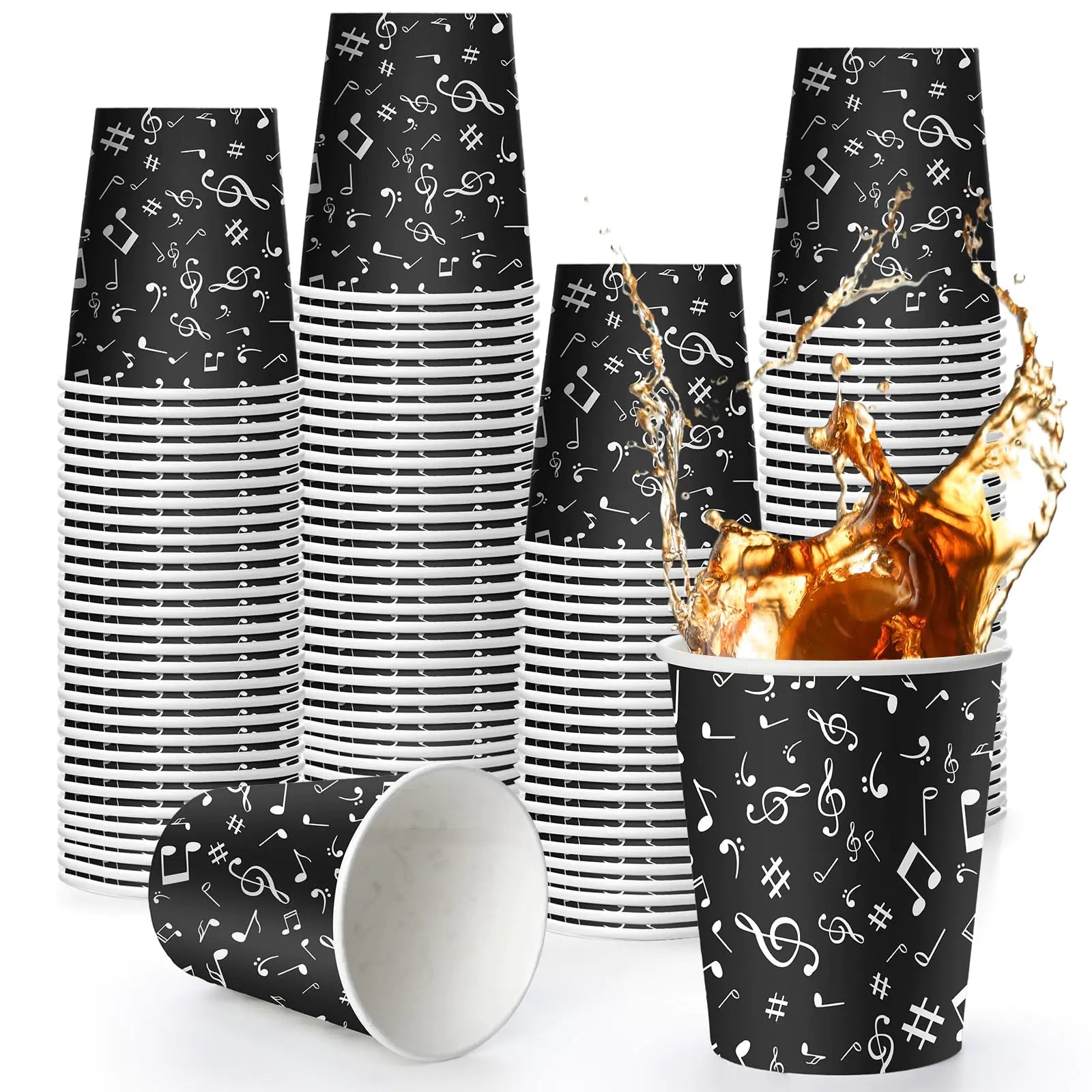 FillTouch 100 Pcs Christmas Musical Notes Cups Music Disposable Cups Xmas Music Party Cups Musical Notes Coffee Cups Musical Party Favor for Christmas Choir Birthday Party Supplies(9 ozBlack)