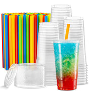 ELEGANT DISPOSABLES [40 Sets - 32 Oz] Crystal Clear PET Plastic Cups With Flat lids & Straws for Iced Coffee Milkshake Cold Drinks Slush Cups Smoothys Slurpee Partys Plastic Disposable Cups