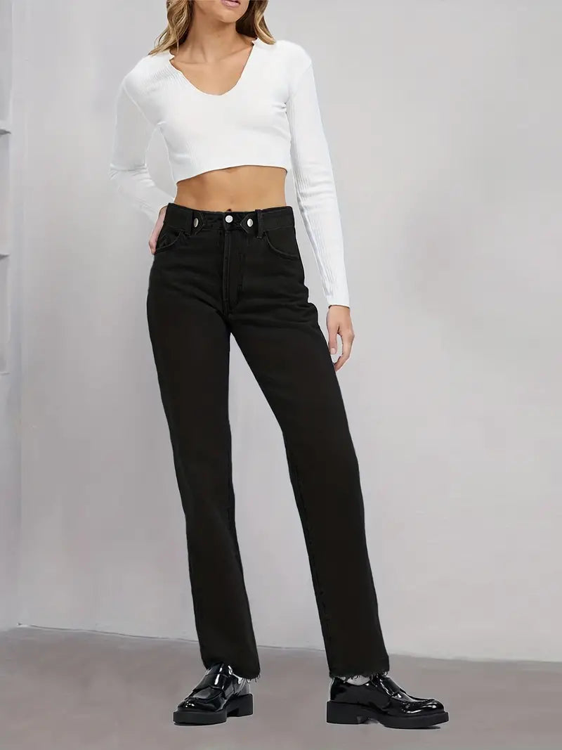 Black Raw Hem High Waist Straight Jeans for Women