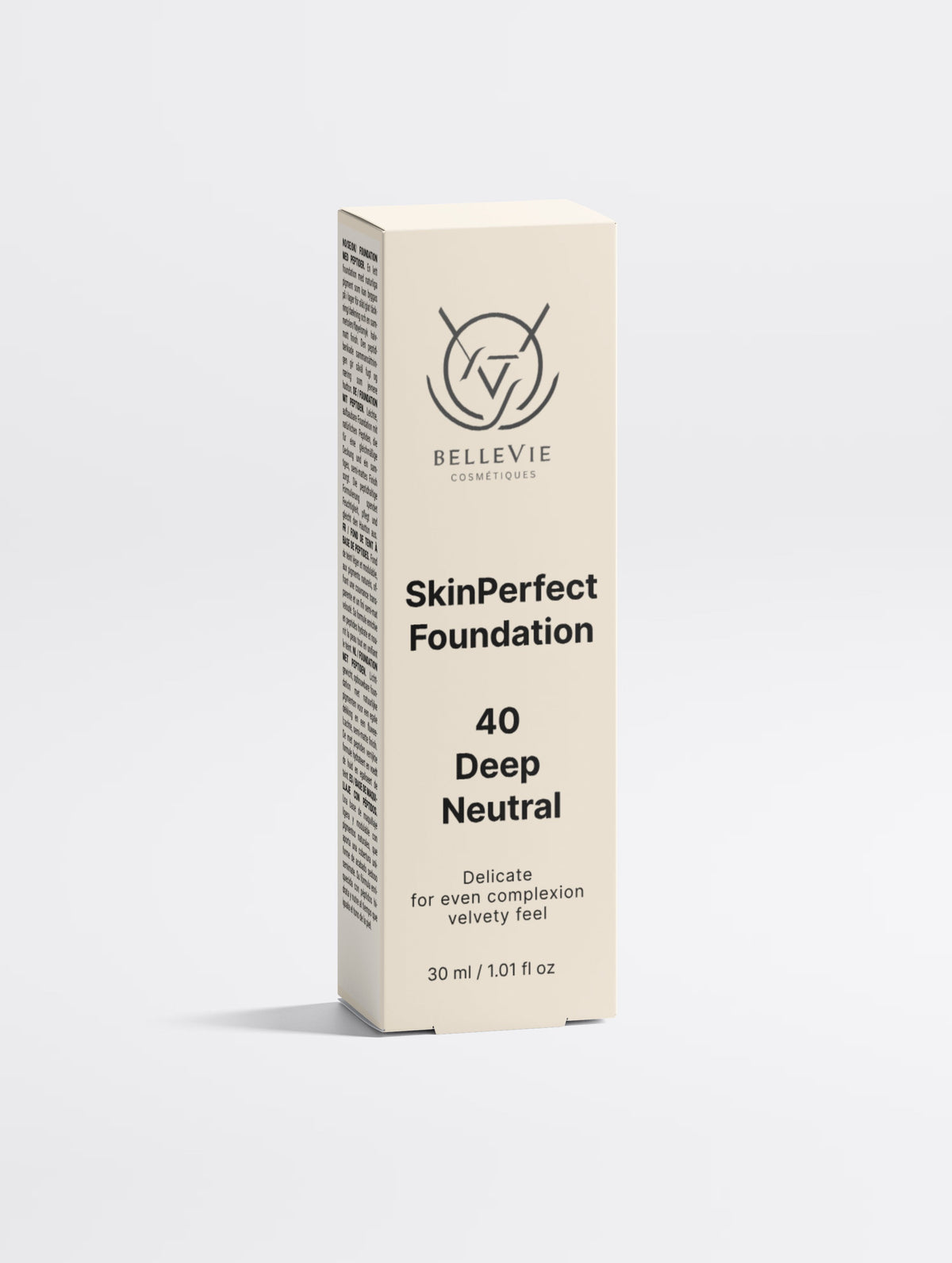 Peptide skin-perfecting foundation by BelleVie Cosmétiques in 40 Deep Neutral, providing deep skin tone and balanced coverage.
