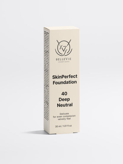 Peptide skin-perfecting foundation by BelleVie Cosmétiques in 40 Deep Neutral, providing deep skin tone and balanced coverage.