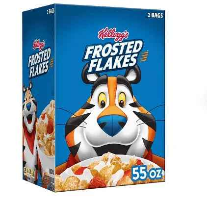 Kellogg's Frosted Flakes cereal in a 55 oz box, featuring sweet, crunchy flakes in a colorful breakfast display.