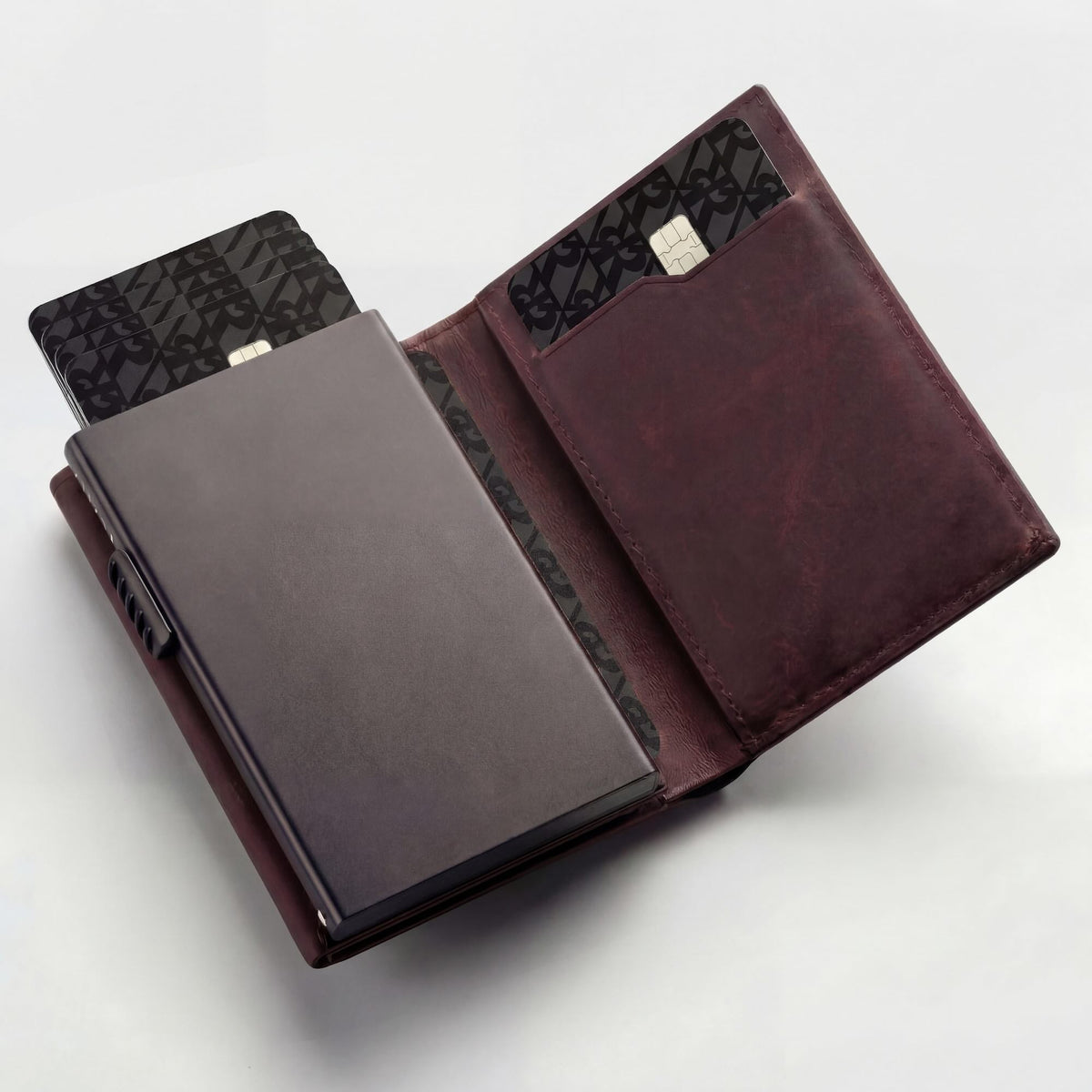 Robust leather wallet with multiple card slots and a sleek design, displayed open showing inner compartments.
