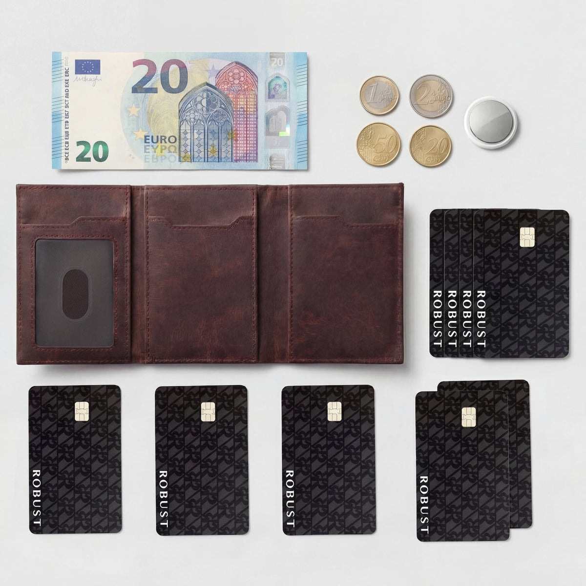 Robust leather wallet with multiple card slots and a sleek design, shown open to display interior compartments.